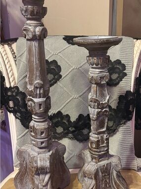 Rustic Wooden Candlestick Pair hand carved 19’, 15 distressed color